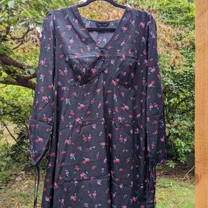 New Look V Neck Long Sleeve Mini Empire Tea Black Floral Dress Size 8